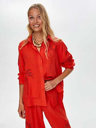 Resort Delik İşi Nakış Detaylı Viskon Keten Gömlek S25GML046