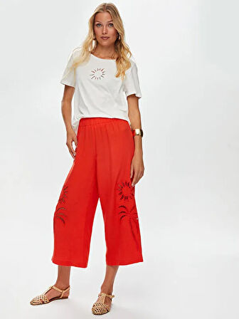 Resort Delik İşi Nakış Detaylı Viskon Keten Wide Leg Fit Pantolon S25PNT046