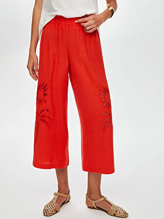 Resort Delik İşi Nakış Detaylı Viskon Keten Wide Leg Fit Pantolon S25PNT046
