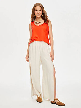 Resort Önü Yırtmaç Detaylı Viskon Keten Wide Leg Fit Pantolon S25PNT047