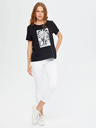 Resort Önü Palmiye Baskılı Yuvarlak Yaka T-Shirt S25TSH115
