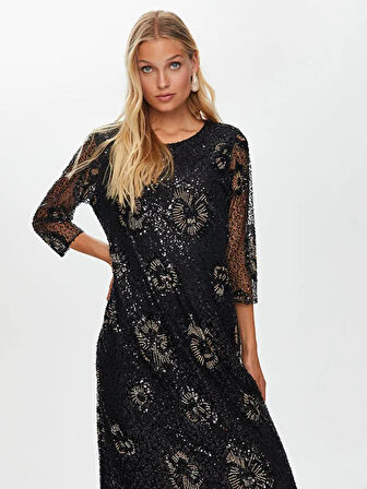 Çiçek Desen İşlemeli Yarım Kol Abiye Elbise W26ABY002