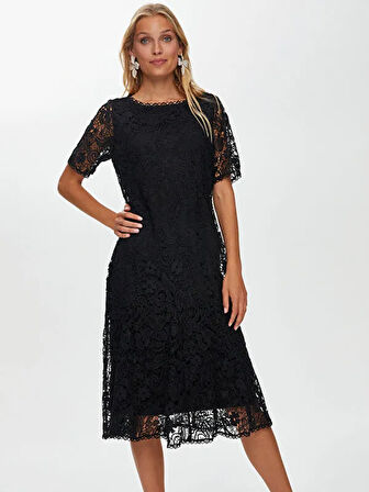 Dantel Mıdı Boy Kısa Kol Abiye Elbise W26ABY005