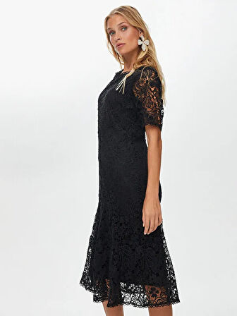 Dantel Mıdı Boy Kısa Kol Abiye Elbise W26ABY005