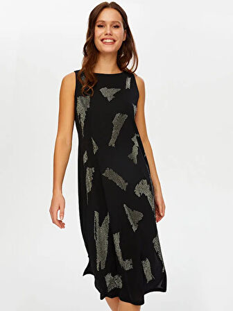 Önü Taş Baskı Detaylı Kolsuz Örme Abiye Elbise W26ABY011