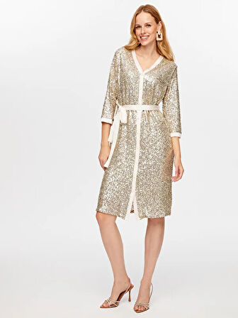 Payet İşli V Yaka 3/4 Kol Abiye Gömlek Elbise W26ABY009