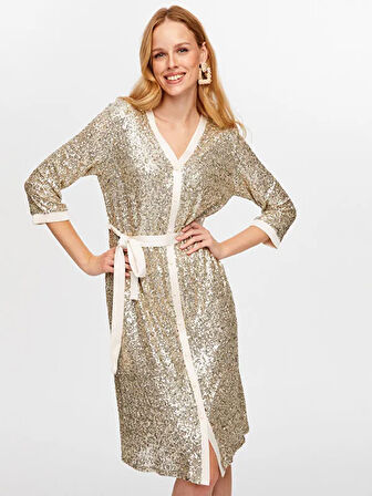 Payet İşli V Yaka 3/4 Kol Abiye Gömlek Elbise W26ABY009