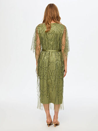 Boncuk Ve Payet İşli Saten Garni Kuşaklı Abiye Elbise W26ABY016