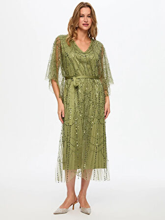 Boncuk Ve Payet İşli Saten Garni Kuşaklı Abiye Elbise W26ABY016