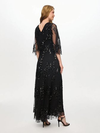 Payet İşli V Yaka 3/4 Kol Uzun Abiye Elbise S26ABY014