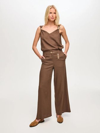Wide Leg Fit Metal Aksesuarlı Keten Karışımlı Pantolon S26PNT034