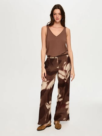 Soyut Çiçek Desen Ketenli Wide Leg Fit Pantolon S26PNT035
