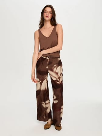 Soyut Çiçek Desen Ketenli Wide Leg Fit Pantolon S26PNT035
