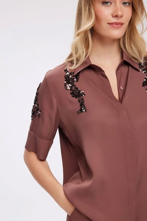Payet Nakış Detaylı Rayon Viskon Kısa Kol Gömlek S26GML029