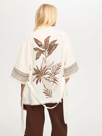 Resort Sırt Taş ve Baskı Detaylı Müslin Kimono S26KMN006