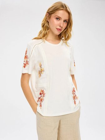 Resort Renkli Çiçek Detaylı Yuvarlak Yaka Tshirt S26TSH112