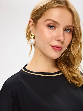 Yakası Simli Triko Bant Detaylı Kısa Kol Kayık Yaka Tshirt W27TSH056