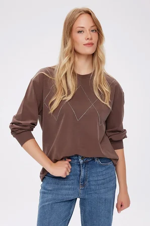 Taş Detaylı Bisiklet Yaka Tenselli Sweatshırt W27SWT007