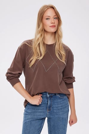 Taş Detaylı Bisiklet Yaka Tenselli Sweatshırt W27SWT007