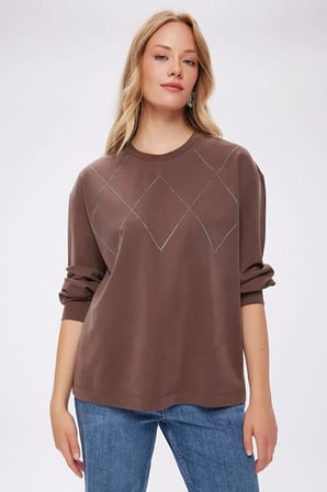 Taş Detaylı Bisiklet Yaka Tenselli Sweatshırt W27SWT007