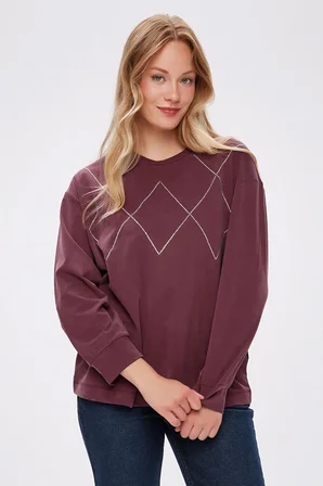 Taş Detaylı Bisiklet Yaka Tenselli Sweatshırt W27SWT007
