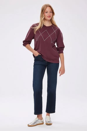 Taş Detaylı Bisiklet Yaka Tenselli Sweatshırt W27SWT007