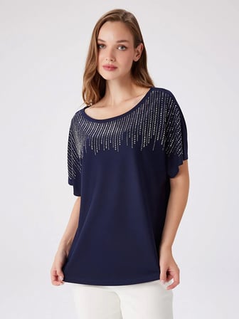 Kısa Kol Önü Taş Süslemeli Örme Bluz W27BLZ032
