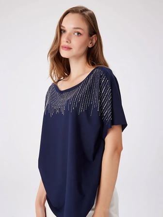 Kısa Kol Önü Taş Süslemeli Örme Bluz W27BLZ032