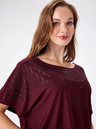 Kısa Kol Önü Taş Süslemeli Örme Bluz W27BLZ032