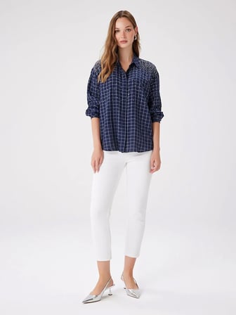 Taş Süslemeli Kareli Rayon Pamuk Gömlek W27GML023