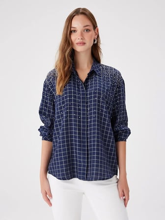 Taş Süslemeli Kareli Rayon Pamuk Gömlek W27GML023