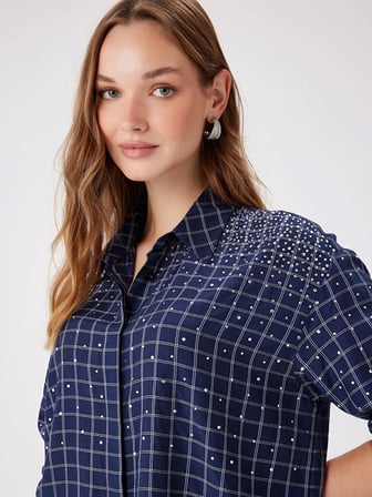 Taş Süslemeli Kareli Rayon Pamuk Gömlek W27GML023