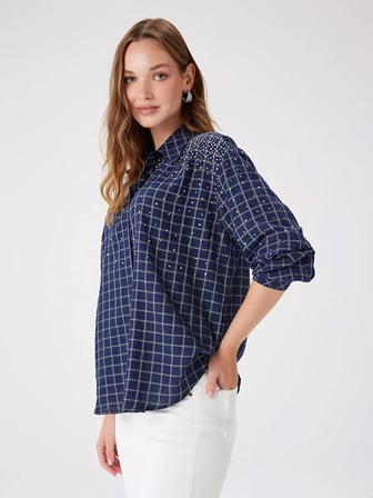 Taş Süslemeli Kareli Rayon Pamuk Gömlek W27GML023