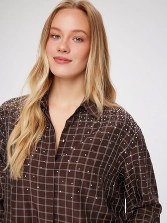 Taş Süslemeli Kareli Rayon Pamuk Gömlek W27GML023