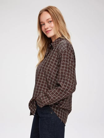 Taş Süslemeli Kareli Rayon Pamuk Gömlek W27GML023