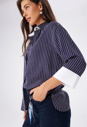 Poplin Garnili Sim Çizgili Viskon Gömlek W27GML024
