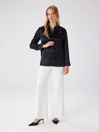 Taşlı Çiçek Aplikeli Saten Tunik W27TNK018