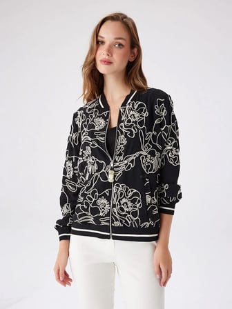 Çiçek Desen Nakışlı Bomber Ceket W27BMB002