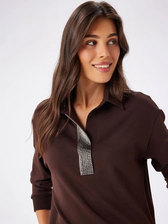 Taş Detaylı Polo Yaka Sweatshirt W27SWT002