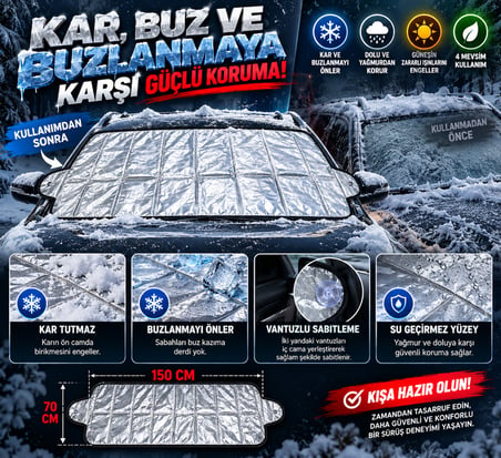 Mega Oto Market 4 Mevsim Oto Ön Cam Koruma Örtüsü 150x70 cm Kar Buz Dolu Güneş Koruyucu Branda