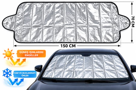 Mega Oto Market 4 Mevsim Oto Ön Cam Koruma Örtüsü 150x70 cm Kar Buz Dolu Güneş Koruyucu Branda