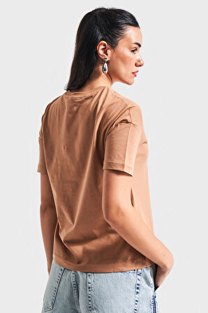 Kadın Kahverengi  S5-16  Bisiklet Yaka %100 Pamuklu Basic T-Shirt