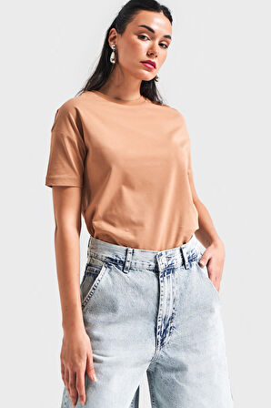 Kadın Kahverengi  S5-16  Bisiklet Yaka %100 Pamuklu Basic T-Shirt