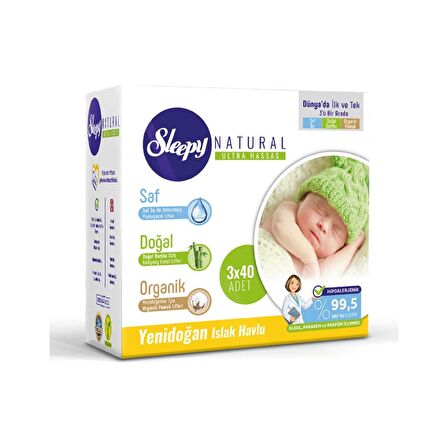 Sleepy Natural Yenidoğan Hipoalerjenik-Alkolsüz 3 x 40 Yaprak 3 Paket Islak Mendil
