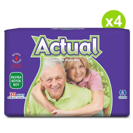 4'lü Actual Xlarge Beden Extra Büyük Boy Yetişkin Hasta Bezi 30x4 (120 Adet)