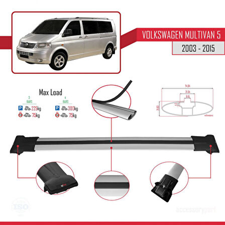 Volkswagen T5 Multivan 2003-2015 Arası ile Uyumlu FLY Model Ara Atkı Tavan Barı Gri 3 Adet