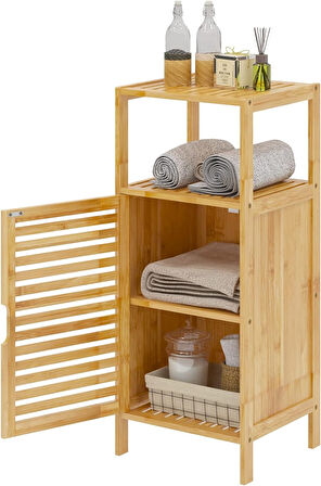 Bambu Banyo Dolabı 4 Raflı Kapaklı Banyo Düzenleme Dolabı Havlu Dolabı