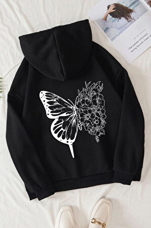 Siyah Flower Butterflies Baskılı Oversize Sweatshirt Hoodie