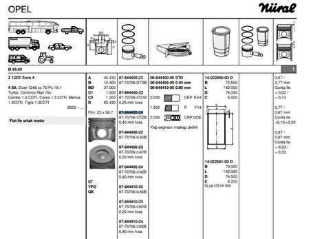 Fiat Motor Piston+segmanı Agıla 1.3 Corsa 1.3 Meriva 1.3 Tigra 1.3 Albea 1.3 Multıjet Doblo 1.3 Multıjet - Goetze 8770706std20bg