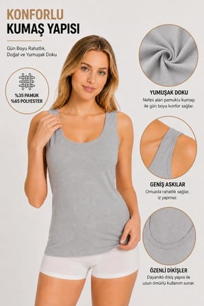 Kadın Geniş Askılı Atlet 3 Adet(Tutku Yetkili Satıcısı) Pamuklu Ribana Kumaş Yumuşak Günlük İç Giyim - Siyah